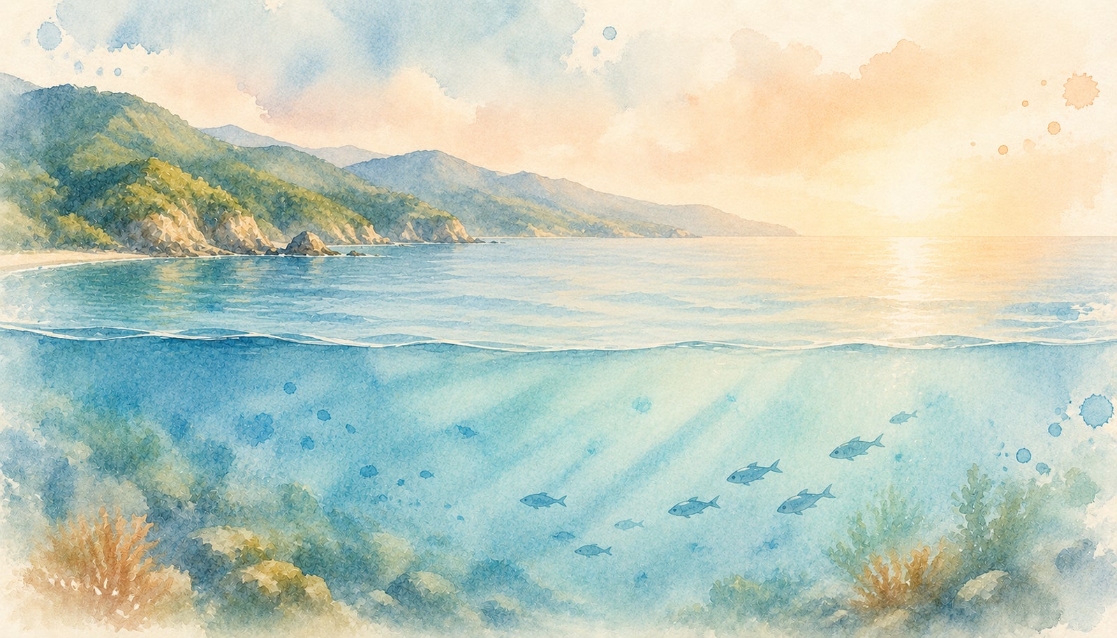 伊豆の海と魚の水彩イラスト